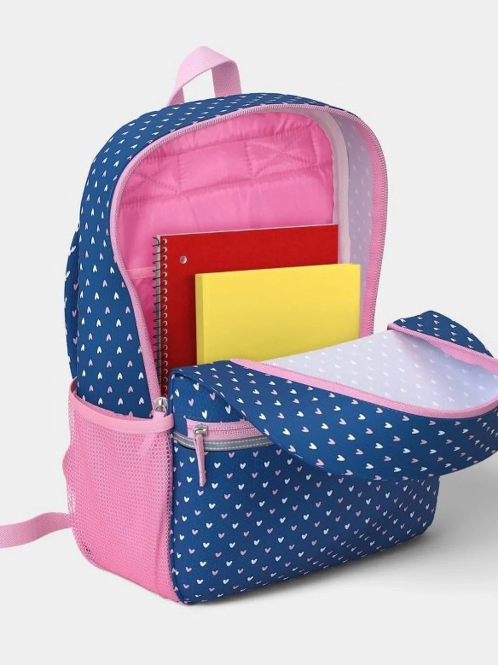 Heart Print White Navy & Pink Backpack Matching Sets Water Bottle Lunch Bag